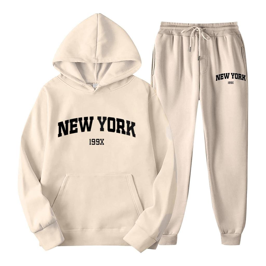 Conjunto de treino esportivo com capuz feminino unissex de duas peças, manga comprida, pulôver com capuz + calça de moletom