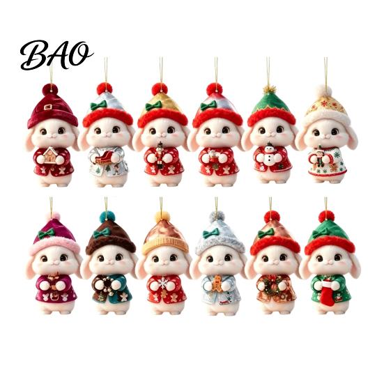 Festive Bunny Hanging Decor Christmas Wooden Ornament, 2D Flat Rabbit with Santa Cute Animal Tree Ornaments Hat, Holiday Pendant for Wreath Door, Home