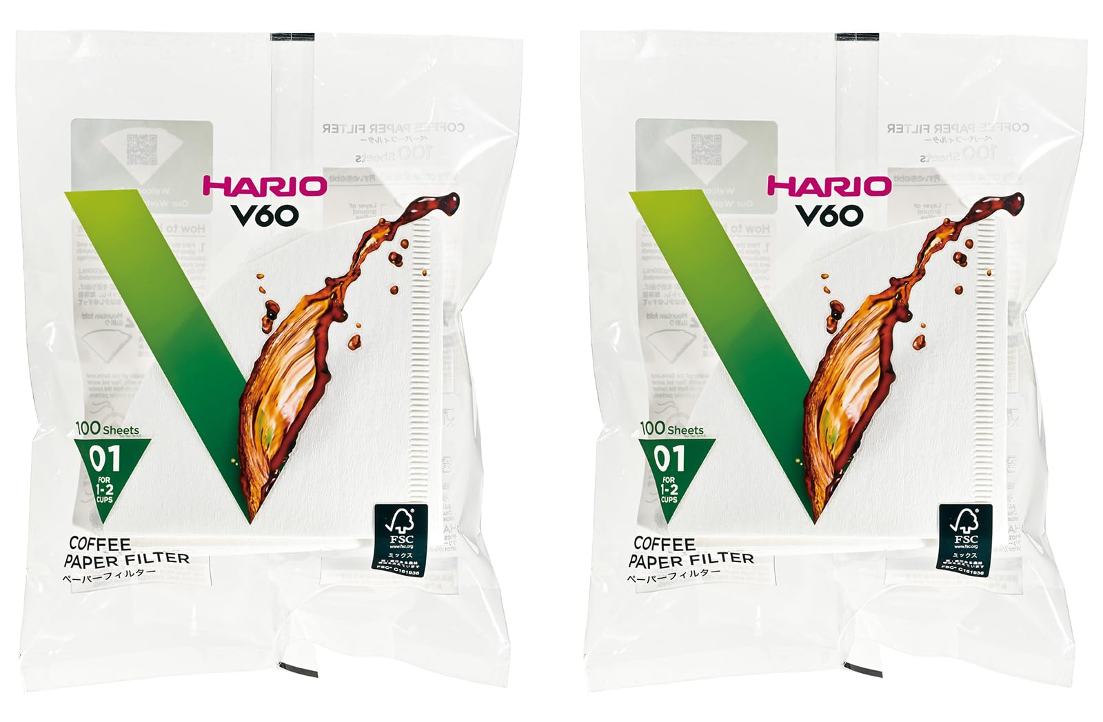 HARIO V60 Paper cup Made in 100 filters per 2 Filters, White, 1-2 capacity, Japan, VCF-01-100W, pack, packs.