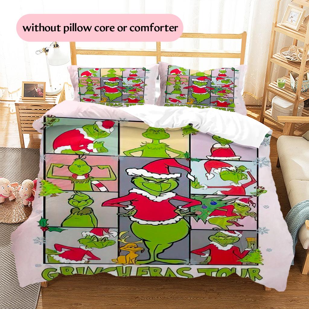 1 Stück Grinch-Muster Bettwäsche Steppdecke Set Bettbezug Kissenbezug Heimdekoration Geburtstagsgeschenk (1 Bettbezug + 2 Kissenbezüge, ohne Füllung)