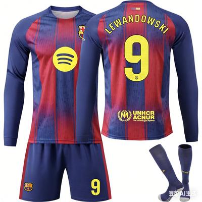 25-26 Koszulka Piłkarska Domowa FC Barcelona z Długim Rękawem dla Dzieci i Dorosłych LEWANDOWSKI #9
