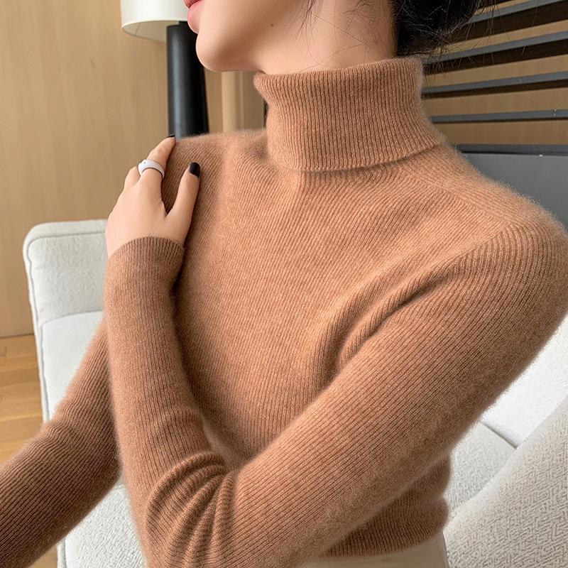 Women's Seamless Ribbed Cashmere Sweater – Slim Fit, High Neck, Figure-Flattering, Lightweight Knit Base Layer