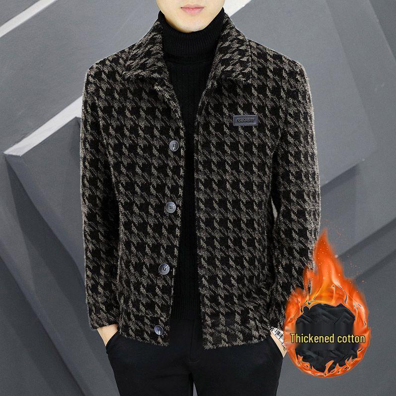 

2025 Autumn/Winter Men s Fleece-Lined Plaid Wool Jacket - Thick, Trendy Short Coat L кавовий