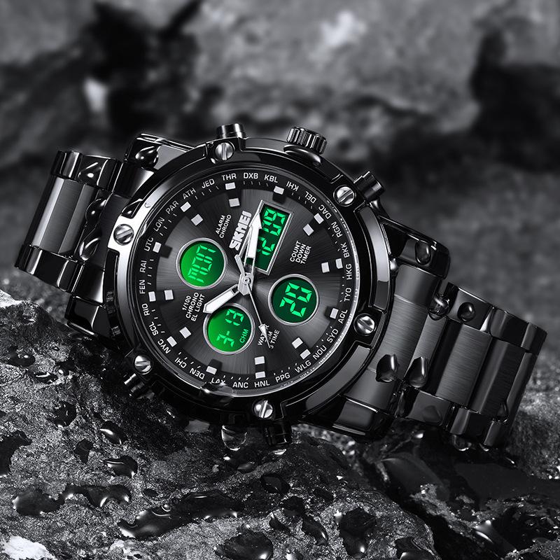 

skmei double display electronic watch multi-function steel strap large dial three-time men s waterproof watch