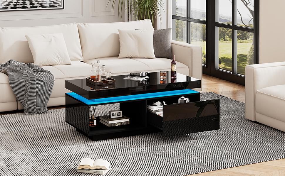 Modern High-gloss Coffee Table with LED Lighting, 100x50x40.3 Cm – Elegant Table with Drawer and 50 Kg Load Capacity