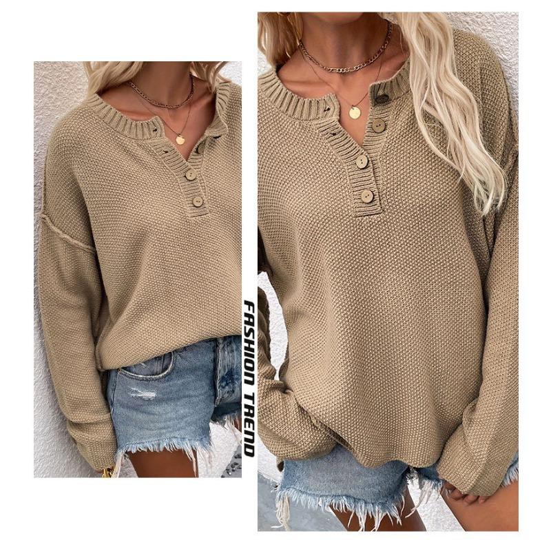 Button Up Pullover, Solid Color Pullover, V-neck Knit Sweater, Women's Streetwear, Trendy Sweater, Women's Plus Size, Worn Inside Out
