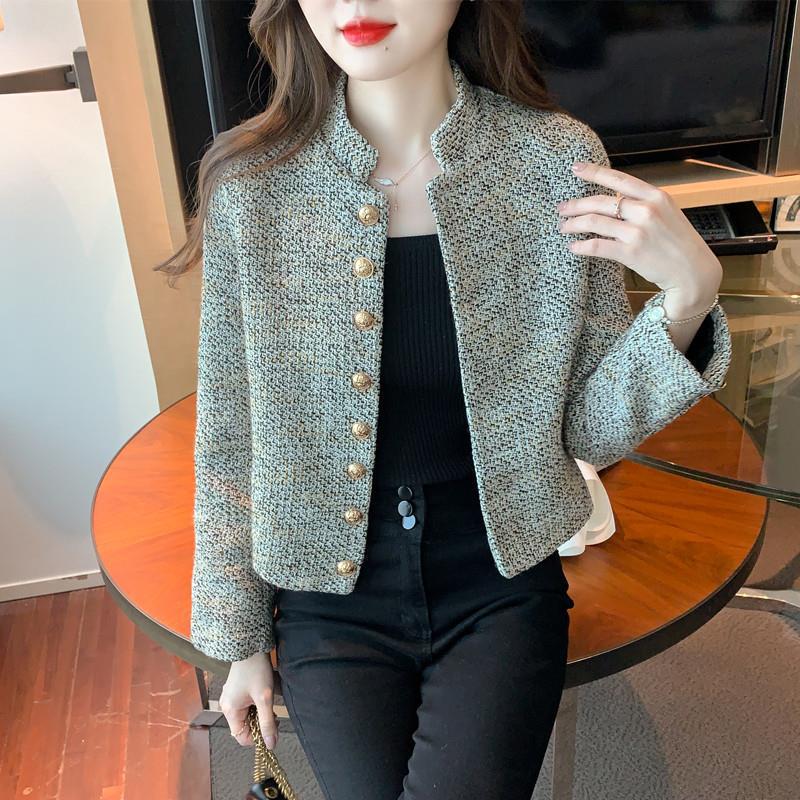 2025 Podzim/Zima Dámský Elegantní Tvídový Kabát se Stojáčkem