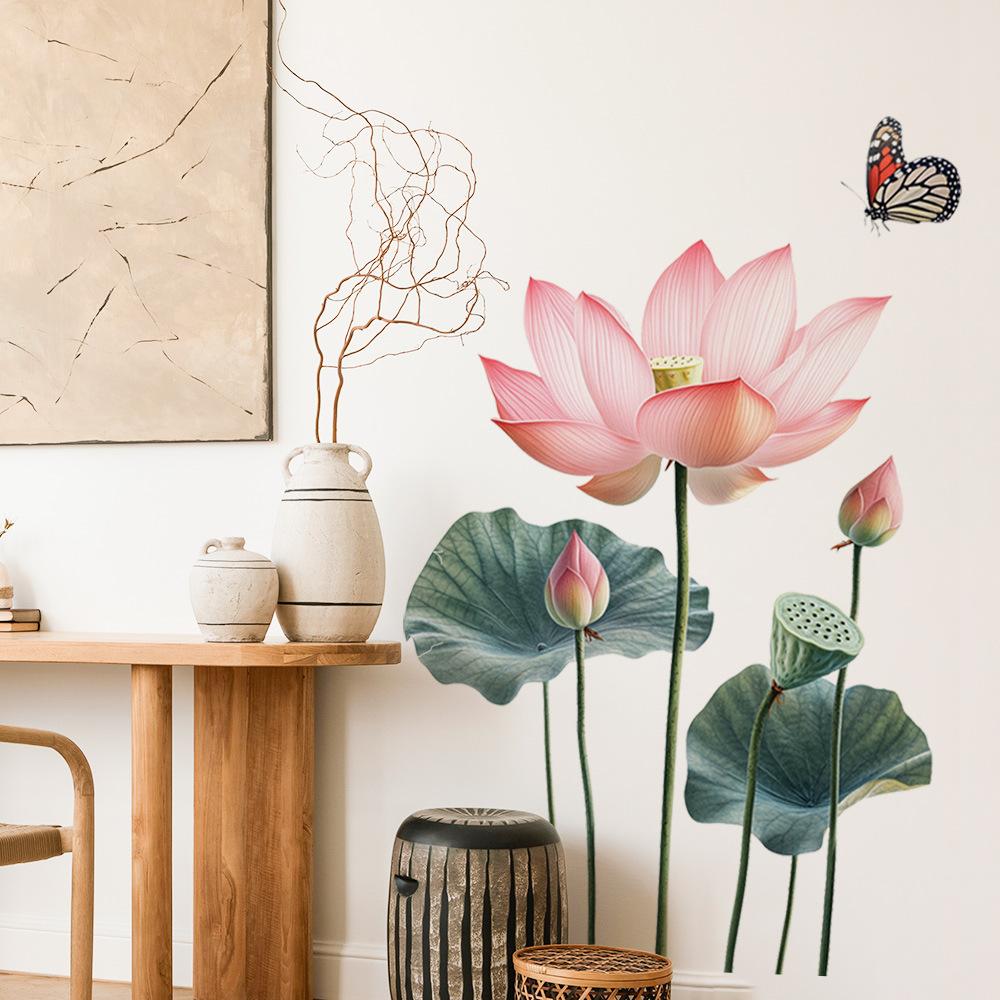 Vintage Lotus Flower Self Adhesive Wall Sticker for Living Room TV Background Bedroom Room Decor