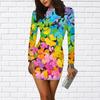 Long Sleeve Bodycon 3D Multicolored Clover Print Dress Women Mini Dresses Autumn Skinny Stretchy Party Vestidos