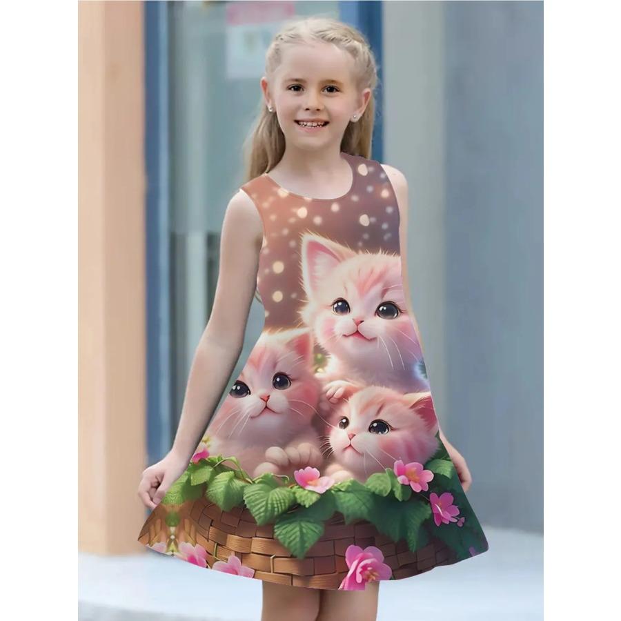 Summer Children's New Cute Cat 3D Pattern Sleeveless Dress Loose Soft Casual Style Outdoor Party Clothing for Girls Daily