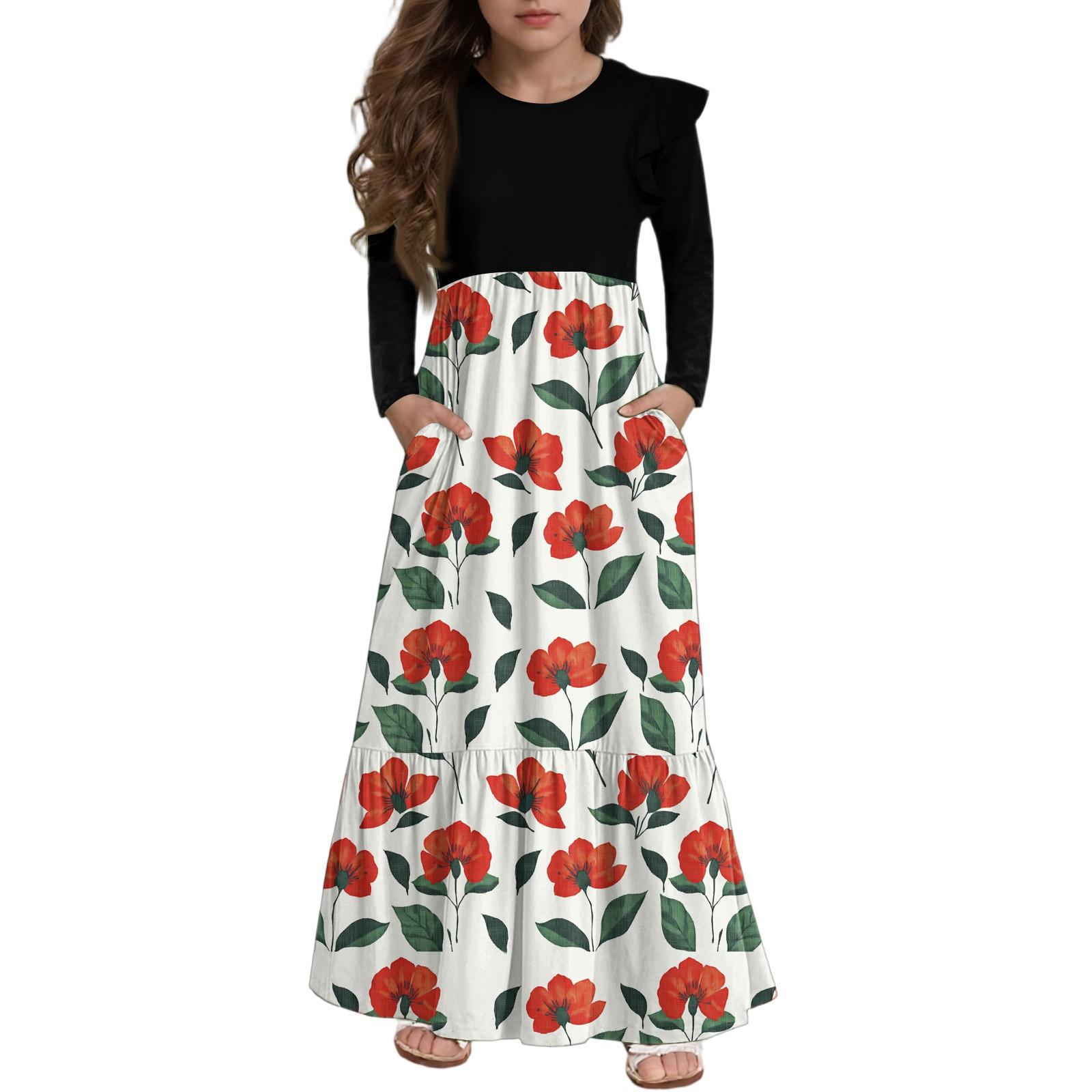 

Платье с многоярусными оборками для девочек - Макси с длинным рукавом и принтом, с карманами 160 красный