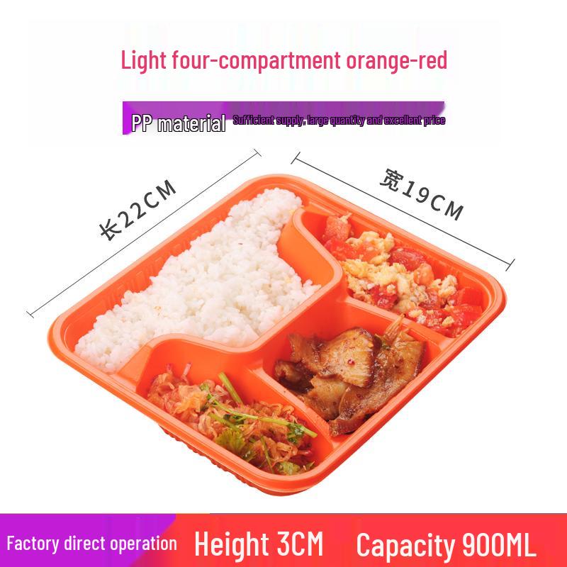 Four-Grid Disposable Plastic Bento Lunch Box with Lid, Multi-Compartment Food Packaging Container.