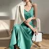 Women Mid Dress Satin Spaghetti Strap V Neck Basic Sleeveless Dress-up Backless High Waist Elegant Lady Summer Dress Women  Clothes
