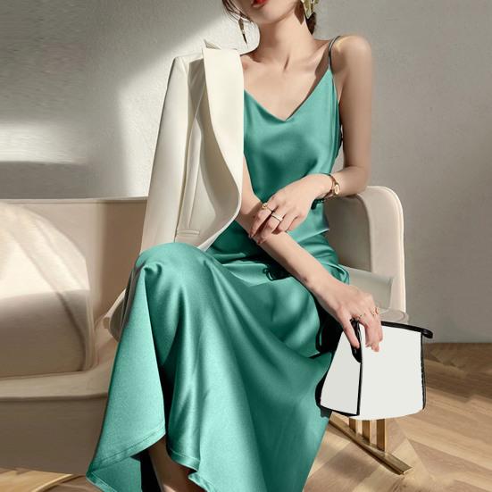 Women Mid Dress Satin Spaghetti Strap V Neck Basic Sleeveless Dress-up Backless High Waist Elegant Lady Summer Dress Women  Clothes