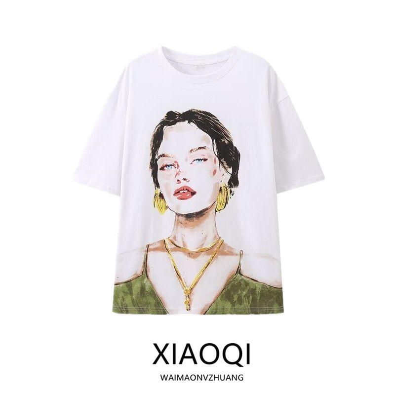 Fashion Style 2024 Autumn New Women's Clothing All-Matching Printed Short Sleeve Round Neck Cotton Plaid T-shirt 1165658