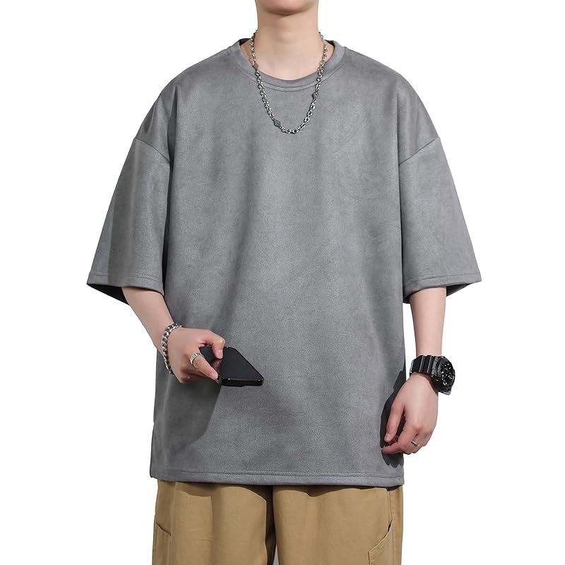 

[FLYSKY] t-shirt men s short sleeve large size suede Relaxing sports oversize fashionable clothes everyday wear crew neck casual basic Plain color