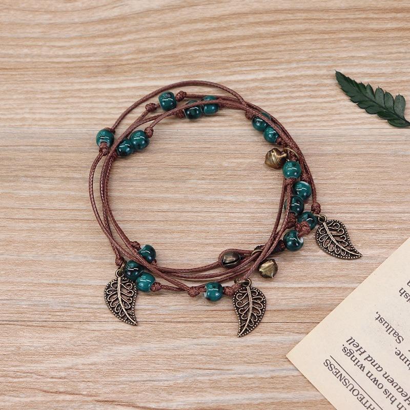 Vintage Bohemian Ceramic Bracelet Girl Sweet Bell Leaf Versatile Waist Chain Multi-circle Bracelet Jewelry