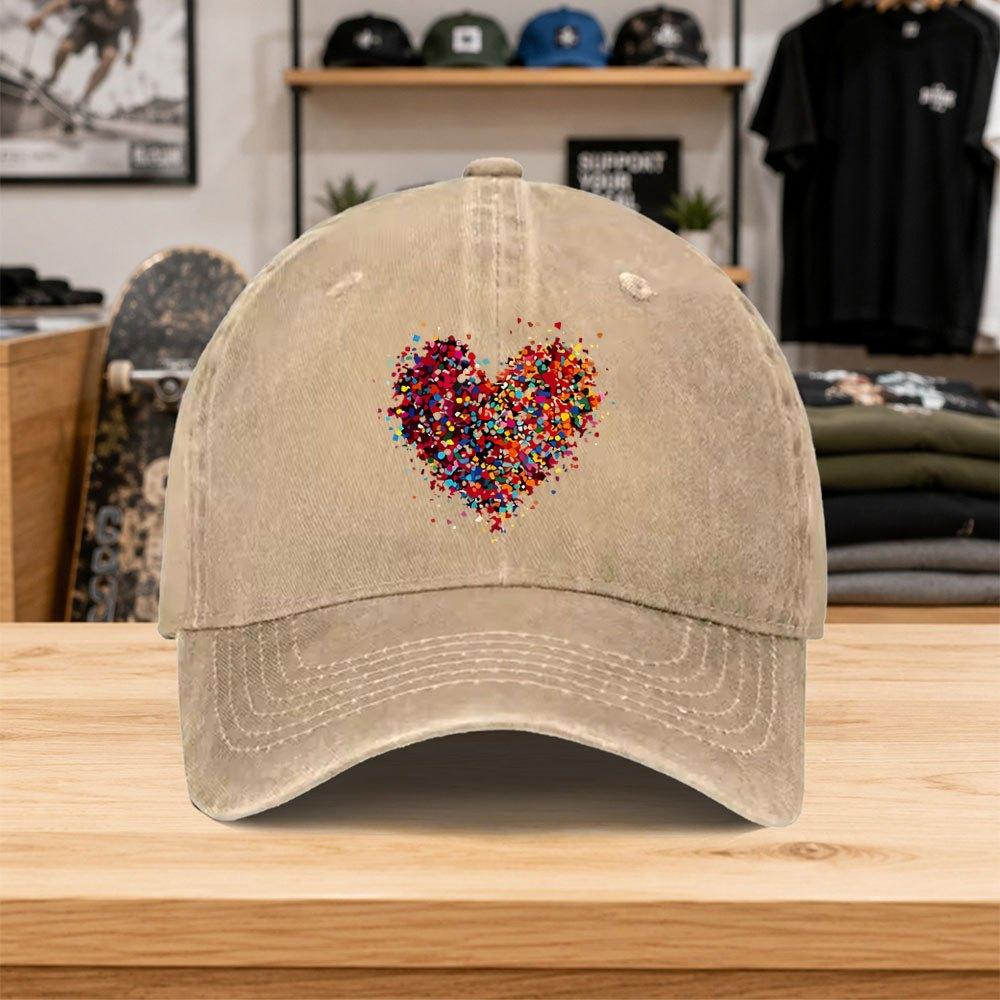1pc New Colorful Heart Print Washed Baseball Cap Premium Versatile Outdoor Accessory Unisex Duckbill Cap Fashionable Trendy C