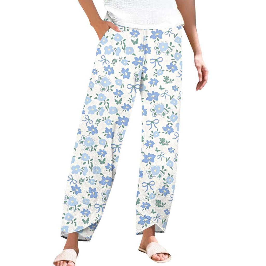 Pants For Women Summer Casual Wide Leg Elastic Waist Pants With Pockets