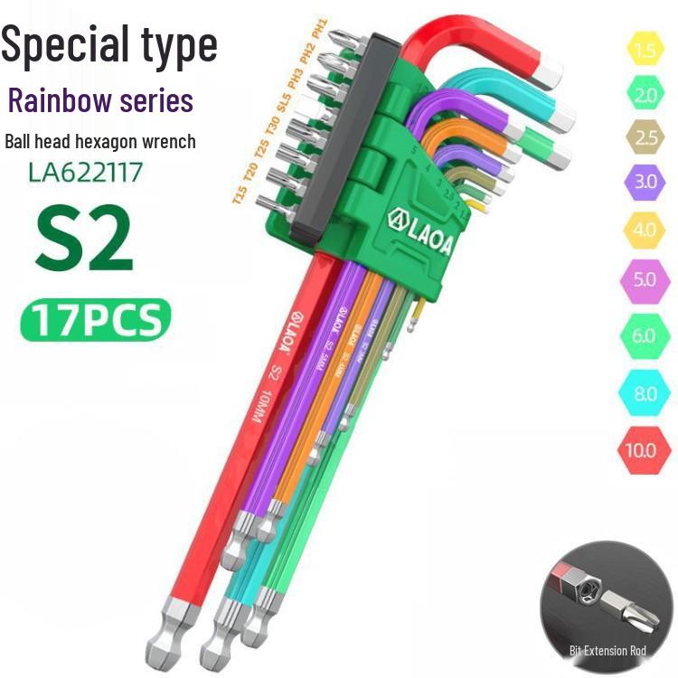 Old A 9-Piece Magnetic L-Shaped Hex Key Set with S2 Torx Inner Hex Screwdrivers