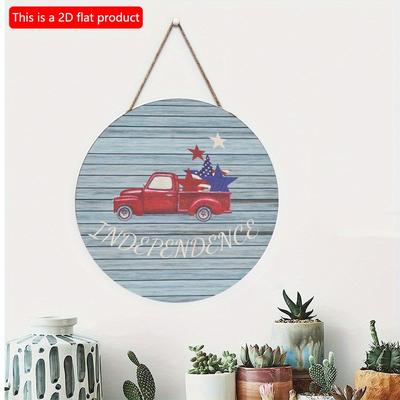 Płaski 2D 20*20cm1sztuka Temat Dnia Niepodległości Czerwona ciężarówka&wzory gwiazd flagi USA Znak powitalny na drzwi Nadaje się do domu&imprez&ogrodu wiejskiego Do zawieszenia Retro