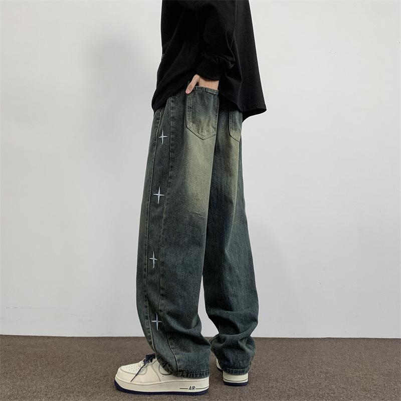 JYL Men's Star Embroidered Jeans  High-Street Vintage Washed Loose Denim