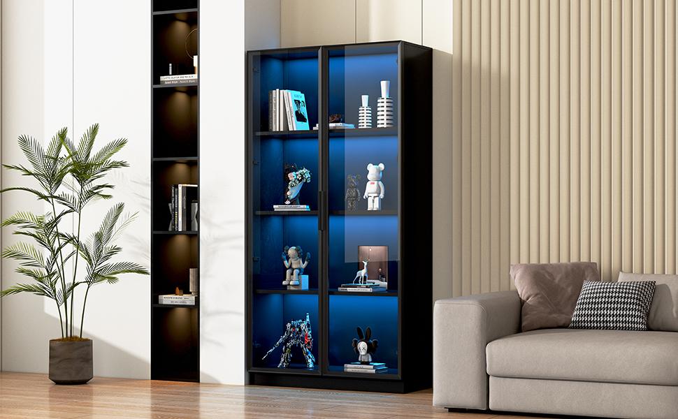 Glass Display Cabinet with App LED Lighting, Double-Door with Movable Shelves, 80*40*160cm, Tall Cabinet for Living Room, Bathroom Cabinet