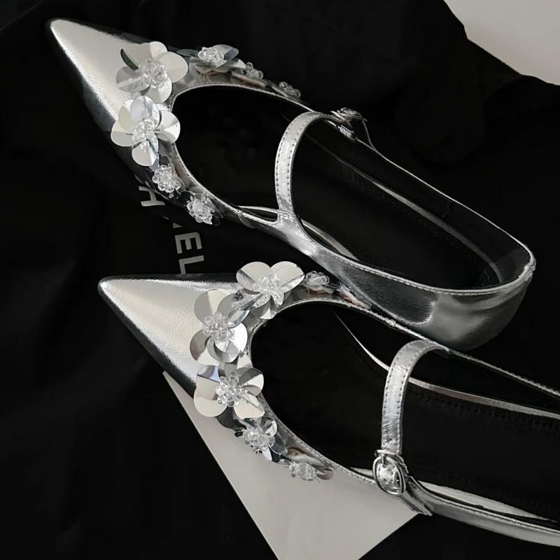 Pointed Silver Sequined Flower Mary Jane Women's Shoes One-word Buckle with Shallow Mouth Inner Height Increase Single Shoes