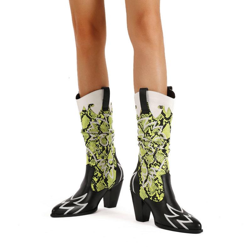 Fashion Cowboy Western Boots Women's Embroidery Mid Calf Boots Patchwork Snakeskin Mixed Colours Heels Shoes