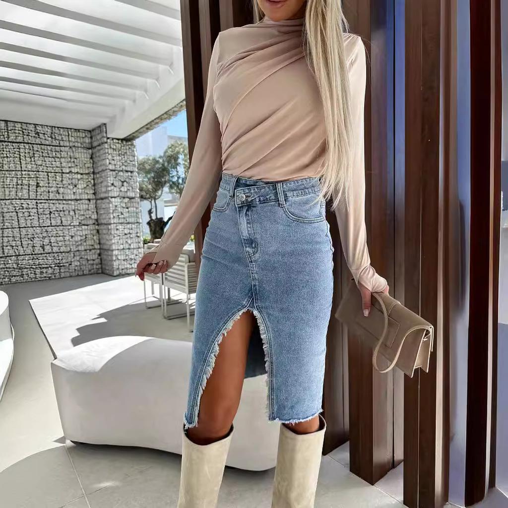IHUASU Frisch, Süß, Geschlitzt, Modisch und Lässig Einfarbiger Denim-Wickelrock für Frühling und Sommer