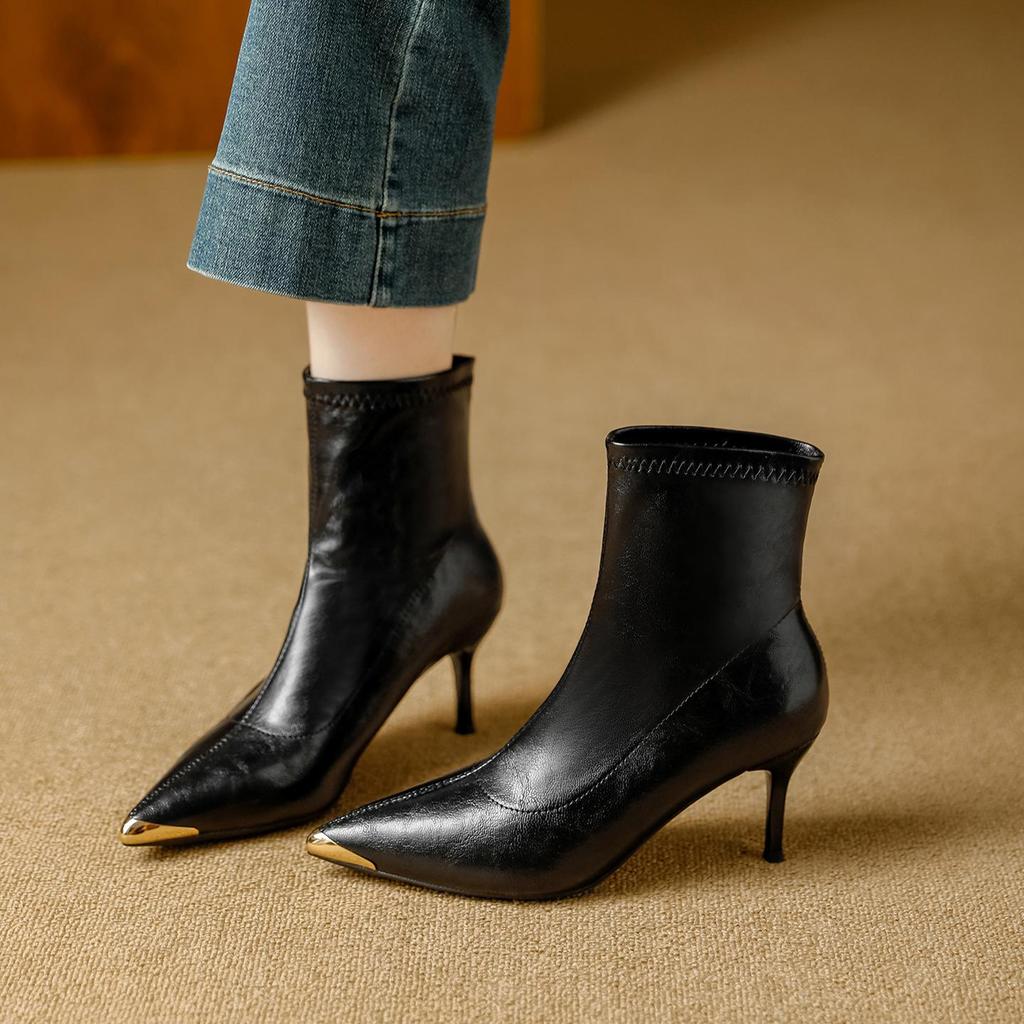 Metallic Pointed Toe Stiletto Ankle Boots - European & American Style 2025, Autumn Nude Slimming Fashion