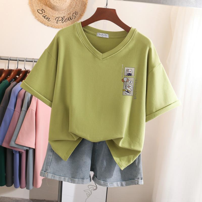 

Женская футболка с принтом кота, летняя, с японским принтом букв, V-образным вырезом, топы больших размеров с короткими рукавами, повседневные универсальные топы свободного покроя XXXL зелёный