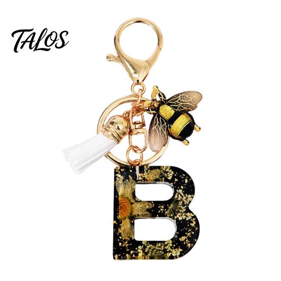 Talos Black Series Keychain Pendant, Dried Flower Initial Letter Charm Key Chain with Bee Tassel Design, A-Z Holder for Bag Purse Backpack