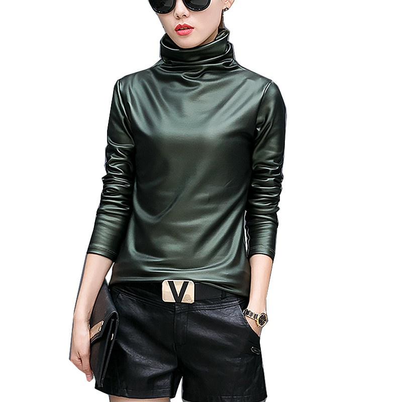 Magliette a maniche lunghe sexy alla moda da donna, in similpelle, con collo alto e top in velluto