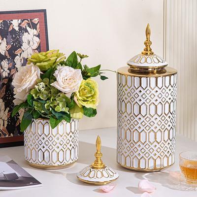 White Gold-plated Ceramic Vase Living Room General Jar Jewelry Storage Rack Creative Floral Decorations and Ornaments Flower Pot