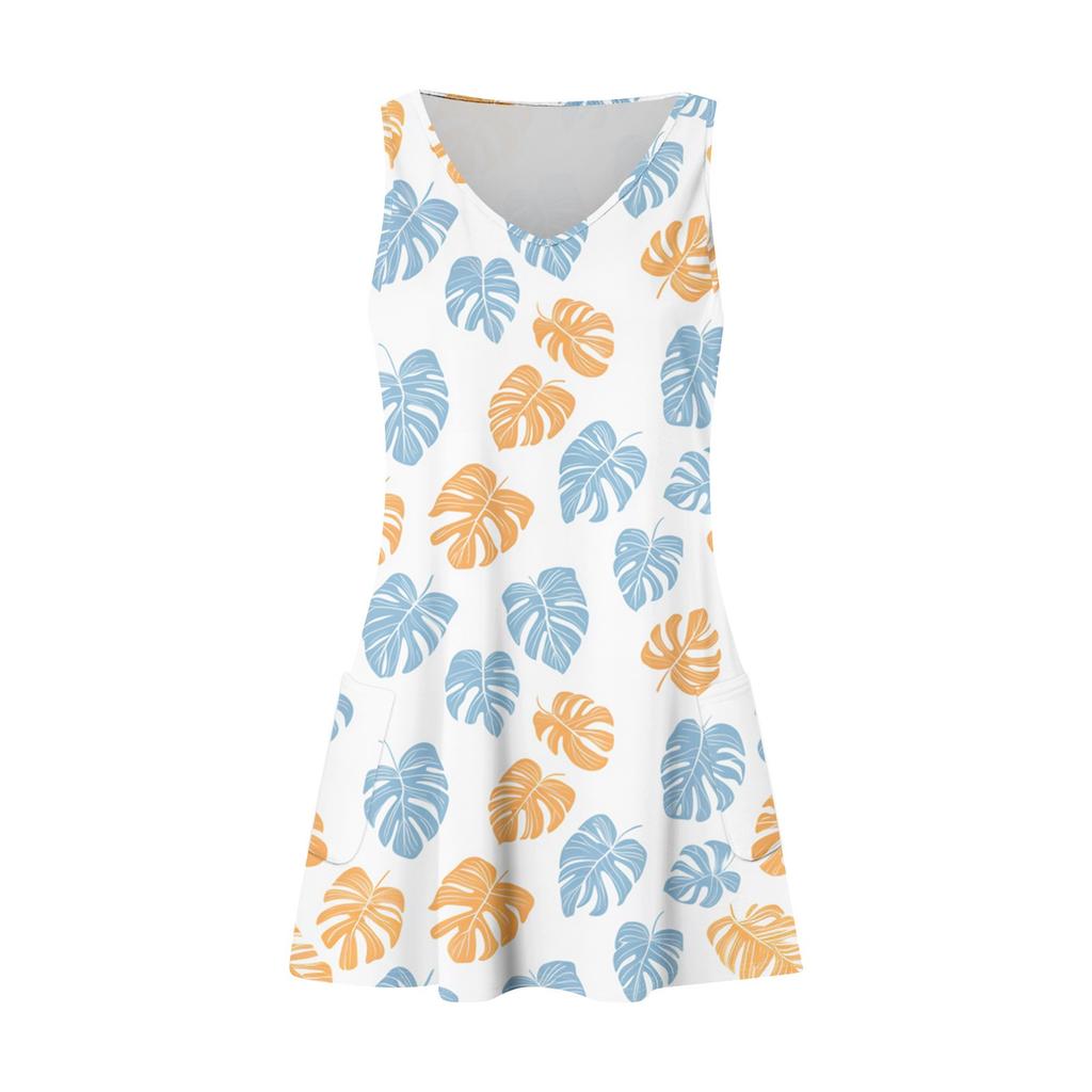 Women's Casual Fashion V-neck Sleeveless Floral Print Side Pocket Dress