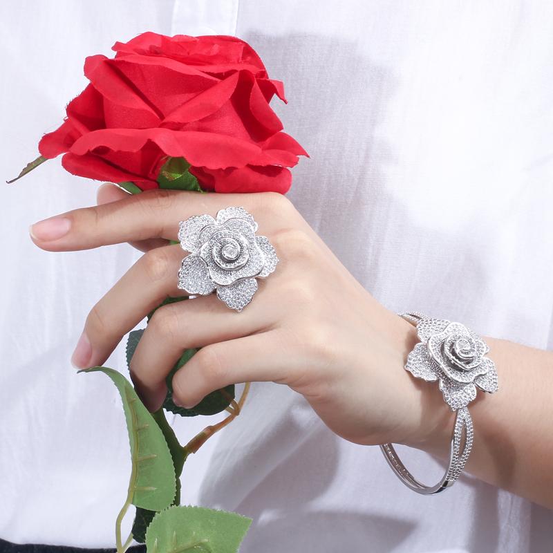 WWJ Super Luxury Zirconia Large Golden Color Geometric Flower Wedding Ring Bangle Sets