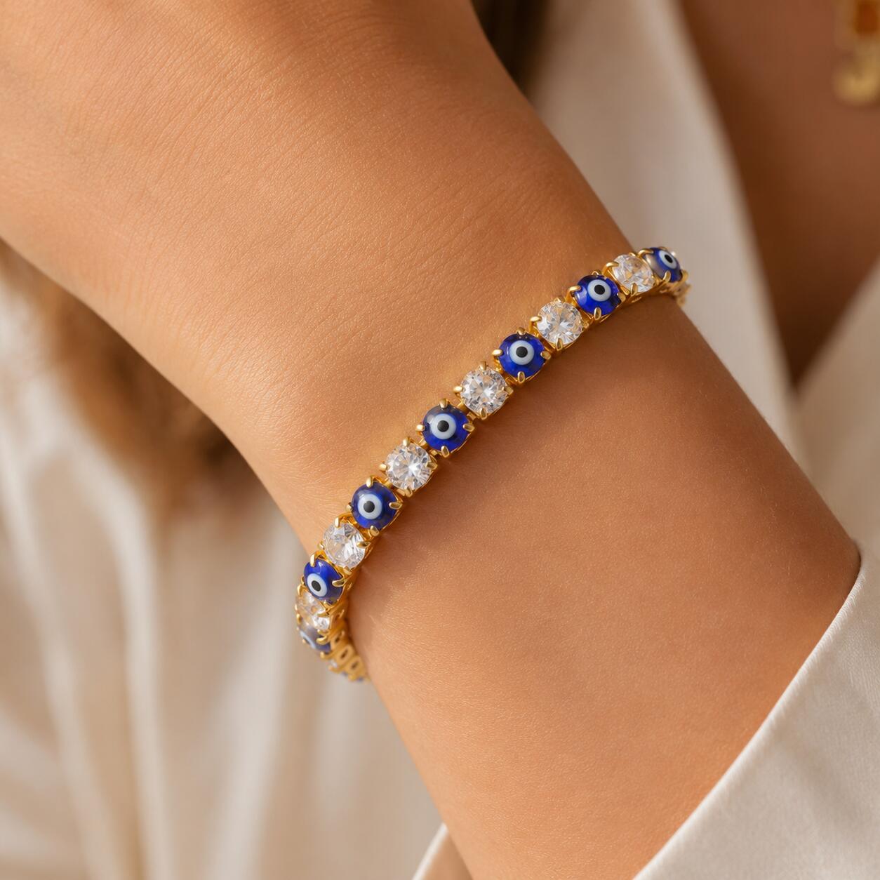 Non Tarnish Evil Eye Tennis Anklet Bracelet for Women, Lucky Nazar Turkish Eye Rhinestone Chain, Protection Amulet Jewelry Gift