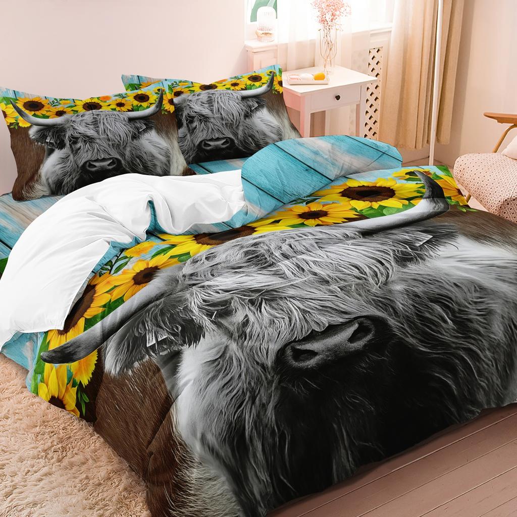 3pcs Highland Cow Pattern Duvet Cover Set Fabric With Digital Animal Print 1 Duvet Cover And 2 Pillowcases (No Quilt)