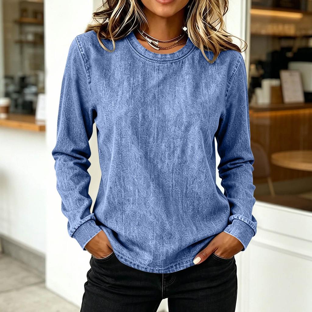Women's Casual Long Sleeve Top, Round Neck Color Pullover for Everyday Wear
