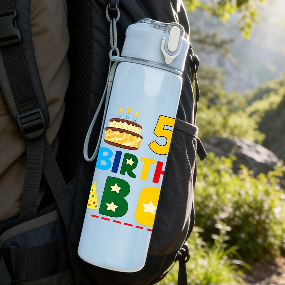 1PC 5th Birthday Boy Party Text Print 750ml Color Plastic Sports Water Bottle Leakproof Flip Straw Lid Suitable for Sports Office Home Use