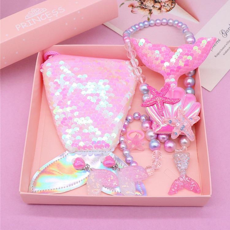 

Аксессуары для вечеринок в виде русалочки для девочек, ожерелье, кольцо, серьги, браслет, детская игрушка, детский подарок на день рождения, волшебный кошелек с пайетками, повязка на голову розовый