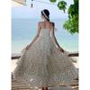 Fat mm French vacation gentle polka dots waist thin long dress women's summer fashion suspender dress temperament
