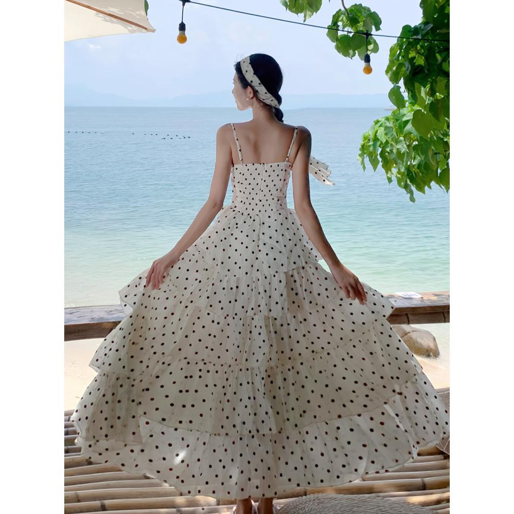Fat mm French vacation gentle polka dots waist thin long dress women's summer fashion suspender dress temperament
