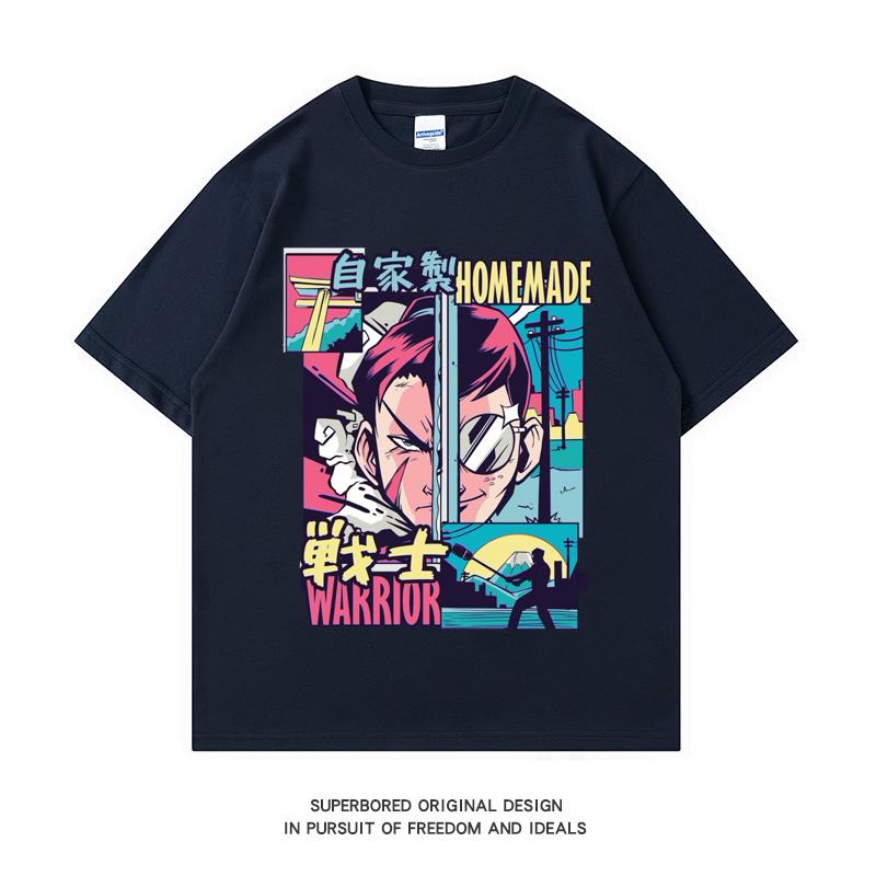 

220GSM Тяжелая футболка, футболка из 100% хлопка, аниме Vaporwave Warrior с принтом, мужские повседневные базовые мужские топы с круглым вырезом, футболка