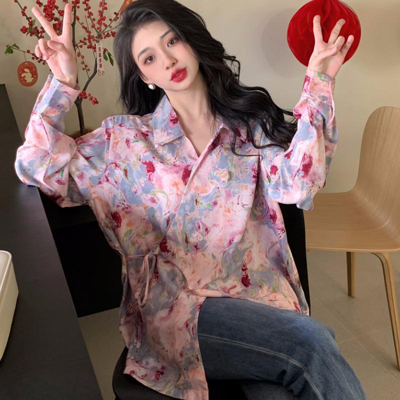 Retro Printed Long-sleeved Shirt for Women High-end Sense Loose Top Sweet Style Shirt