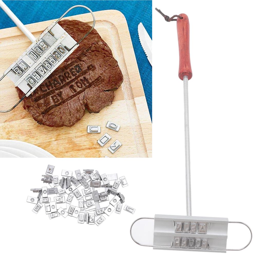 BBQ Branding Iron English Letters Stainless Steel Steak Branding Iron with Wooden Handle for Grillin
