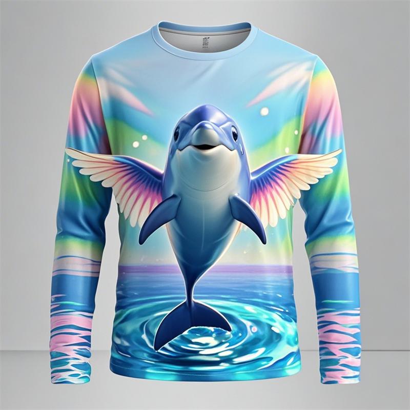 

Spring and Autumn Round Neck Marine Animal Dolphin Pattern 3D Printed Top Fashionable Casual Long Sleeved Men s T-shirts S