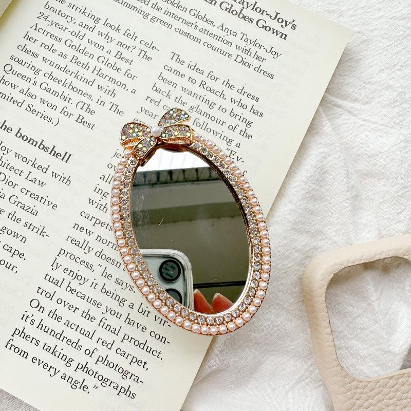 

Rhinestone Bow Oval Mirror Sticker Mobile Phone Airbag Bracket Back Sticker Retractable Portable Makeup Mirror