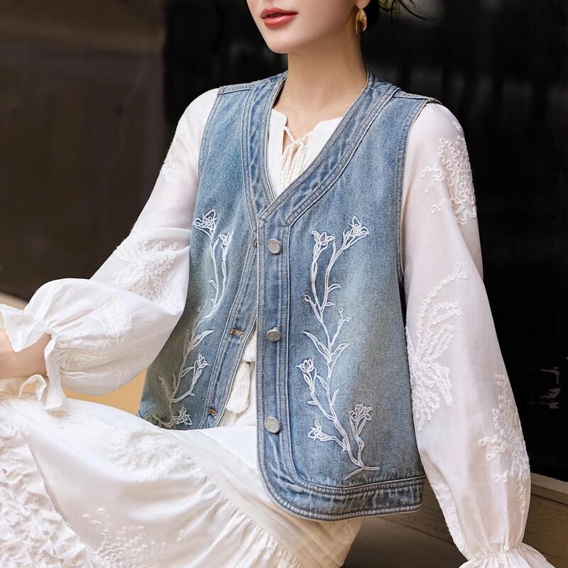 Demana V-Neck Embroidered Denim Vest L
